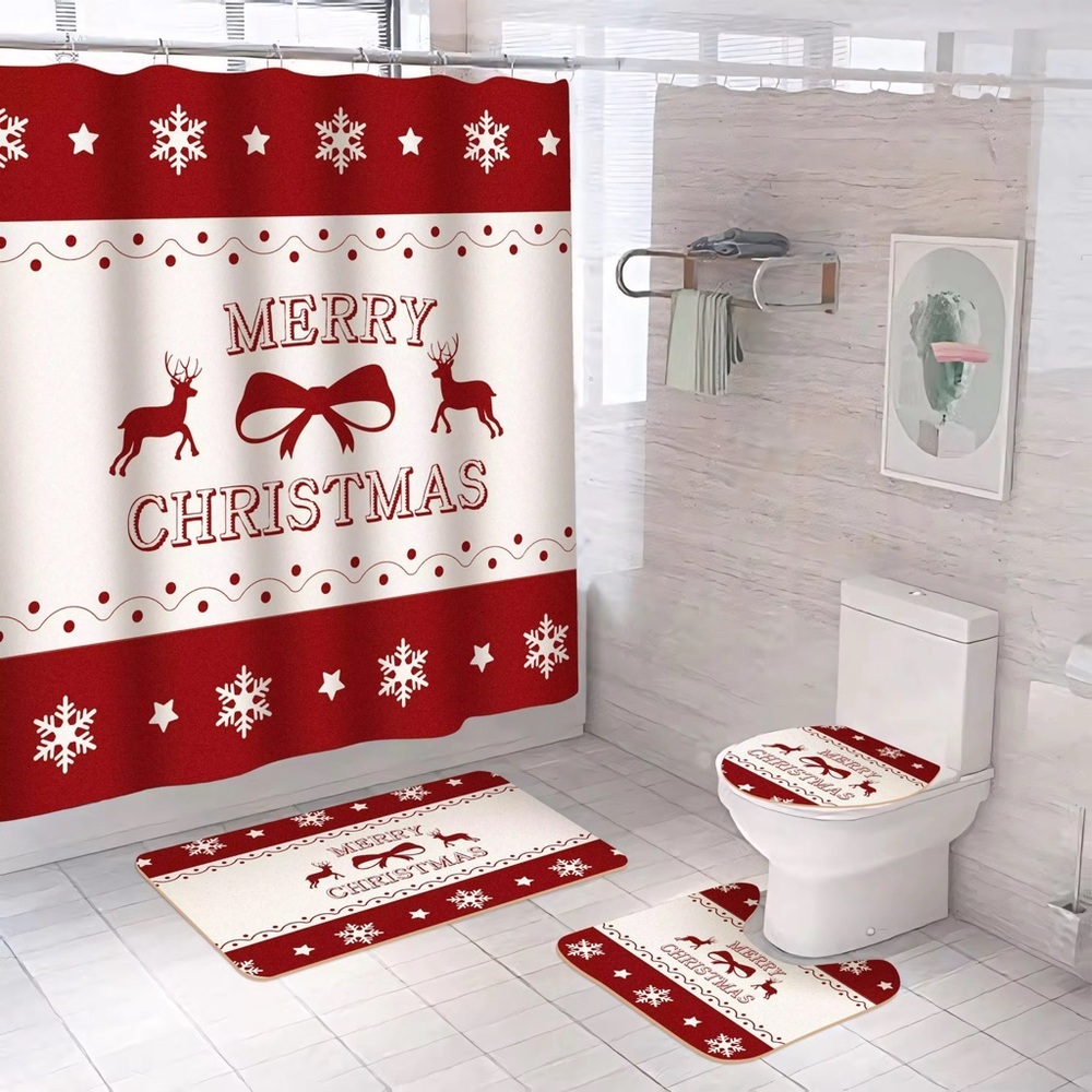 4-Piece Merry Christmas Bathroom Set – Shower Curtain + Rugs + Toilet Lid Cover